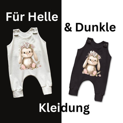 Hase Blumenkranz Bügelbild Detail – DTF Transfer Oster Motiv Kindershirt