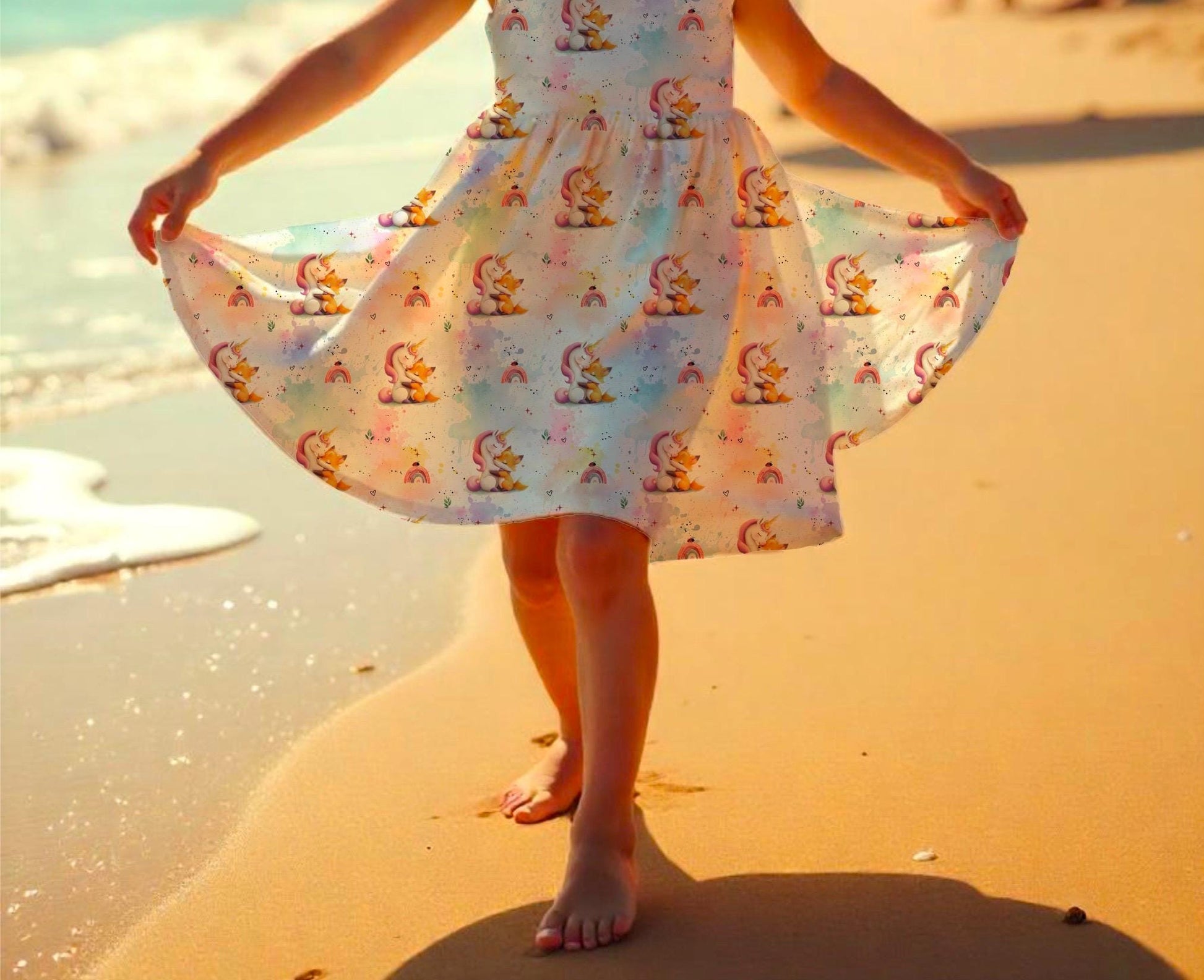 Einhorn Fuchs Drehkleid langer Arm – Handmade Mädchen Winterkleid French Terry