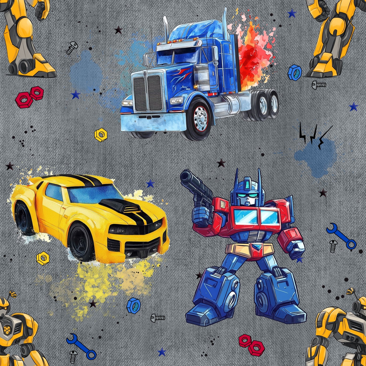 RobotCars Denim grau Roboter Auto Kinderstoff Meterware – Jersey French Terry Handmade by Kati