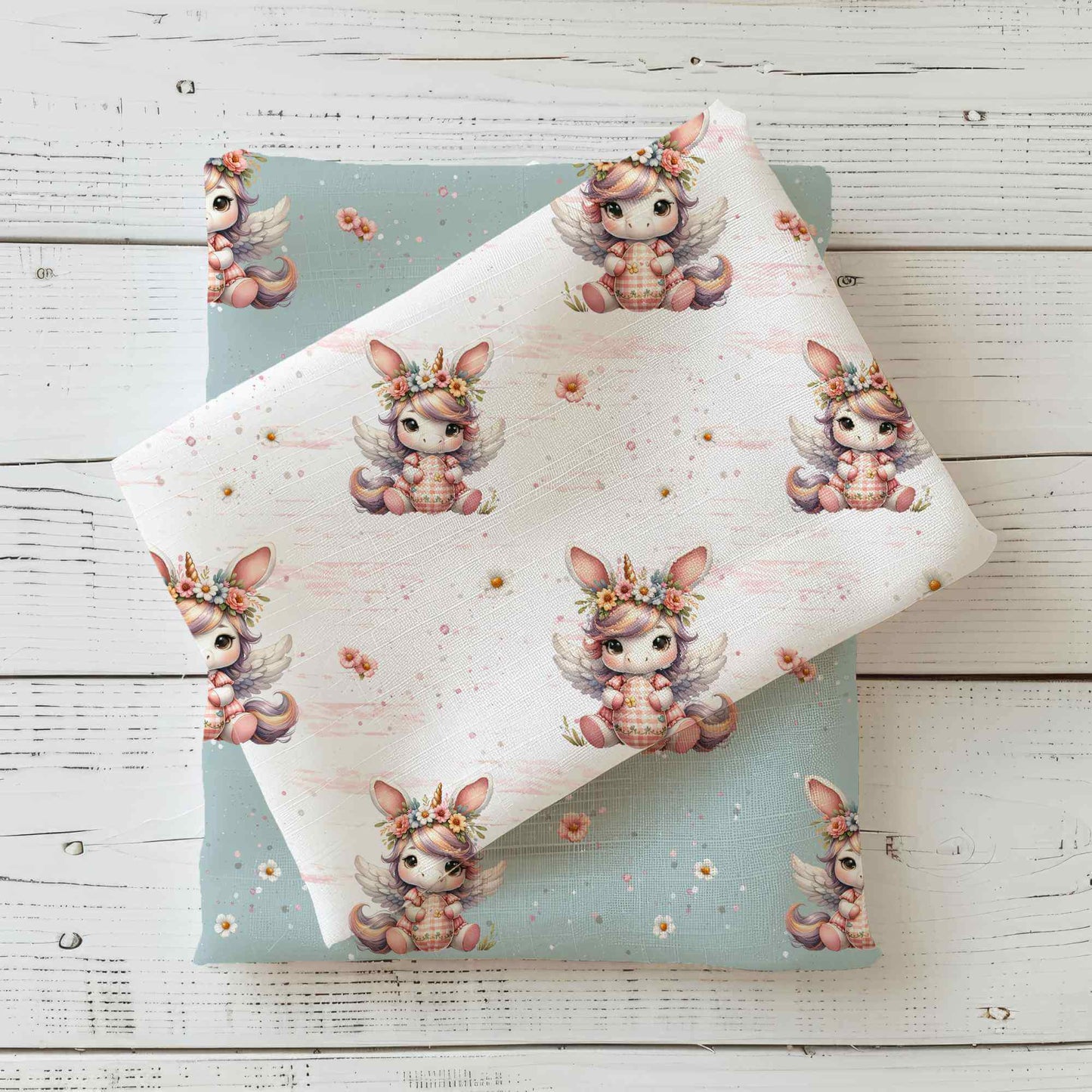 Osterstoff als Jersey oder French Terry mit Einhorn Osterhase und floralen Details auf hellem Hintergrund, perfekt für kreative Nähprojekte