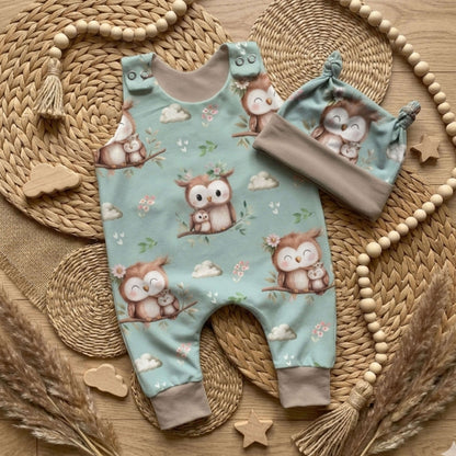 Baby Strampler Eule Set mint | handgenäht | Gr. 56–80