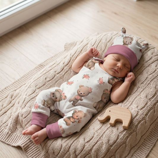Baby Strampler Kleine Bären Set rosa | handgenäht | Gr. 56–80