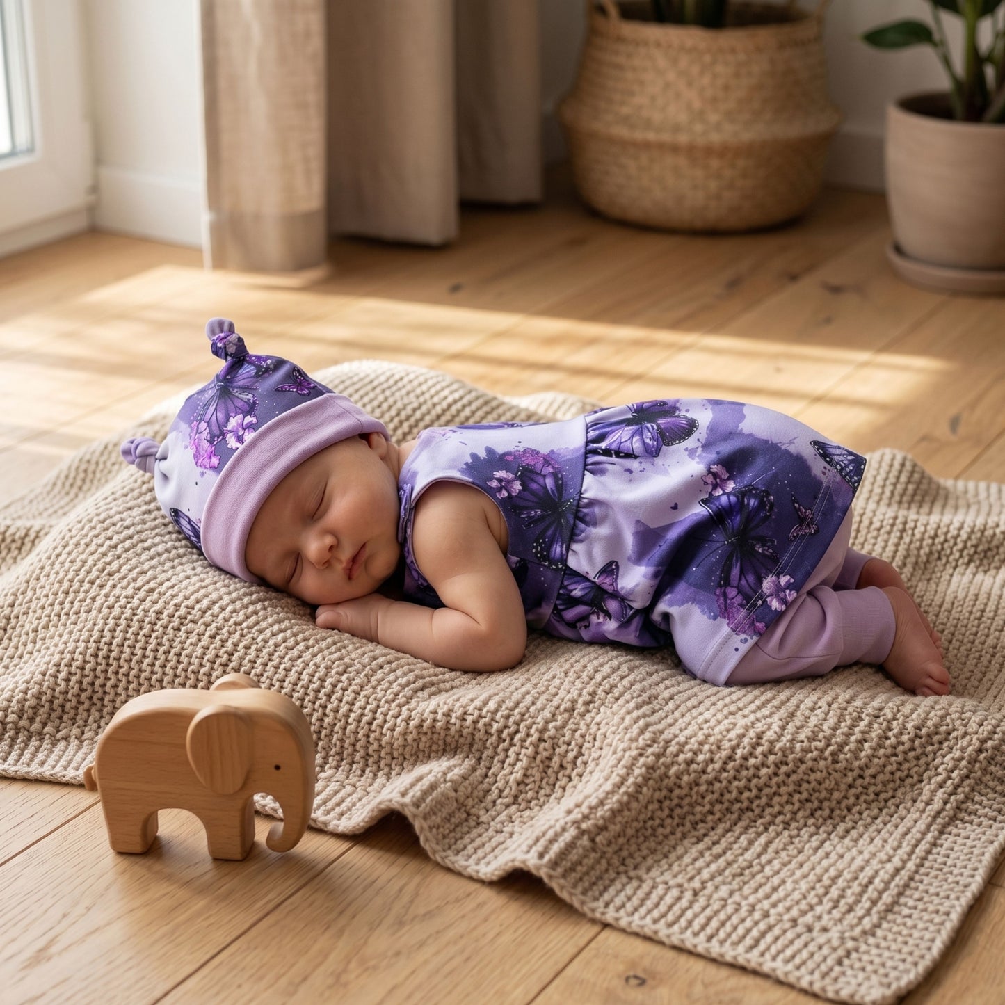 Baby Strampler-Kleid Fliederflug Set | handgenäht | Gr. 56–80