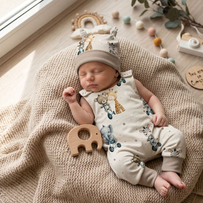 Baby Strampler Kleine Abenteurer Set beige handgenäht · Gr. 56–80 · Handmade by Kati