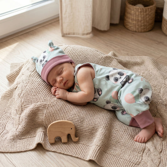 Baby Strampler Panda Set altrosa | handgenäht | Gr. 56–80