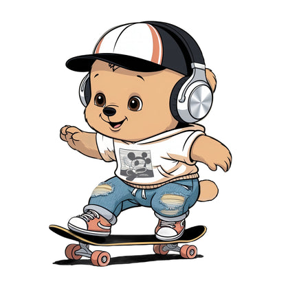 Skater Bär mit Kopfhörer DTF Transfer 15cm – Bügelbild Applikation Kinderkleidung