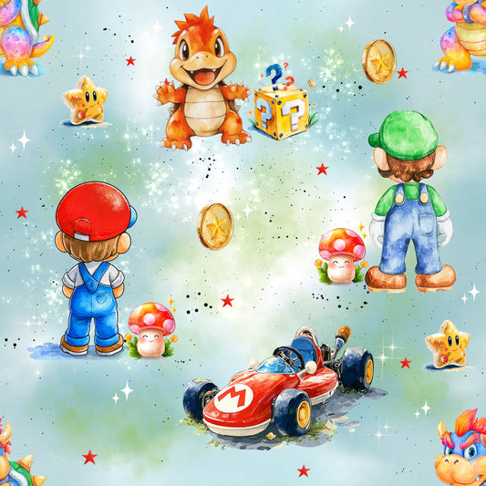 Boys Game Stoffdesign – bunter Stoff mit Spielfiguren, Rennwagen, Sternen & Münzen – Jersey oder French Terry Meterware für Kinderkleidung