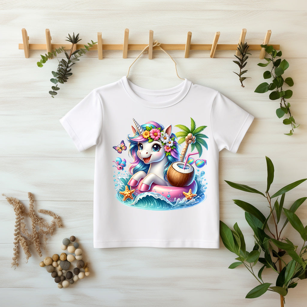 Einhorn Sommerparty DTF Transfer Detailaufnahme – Glitzer Bügelbild Mädchen