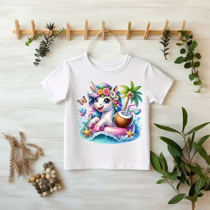 Einhorn Sommerparty DTF Transfer Detailaufnahme – Glitzer Bügelbild Mädchen