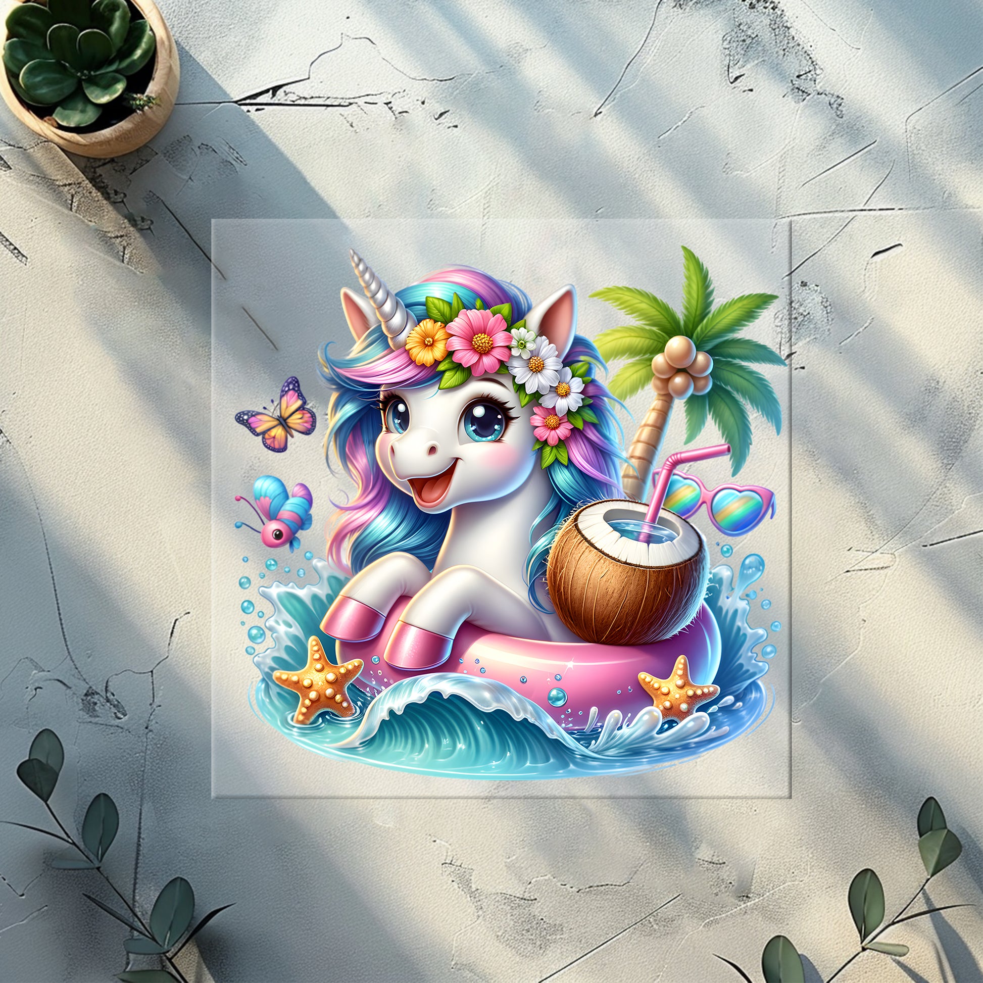 Einhorn Sommerparty Glitzer Bügelbild – DTF Transfer Einhorn Kinderkleidung Handmade by Kati