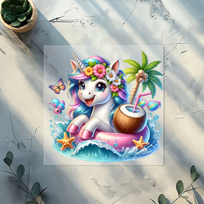 Einhorn Sommerparty Glitzer Bügelbild – DTF Transfer Einhorn Kinderkleidung Handmade by Kati
