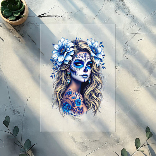 La Catrina Skull Iron-On Patch "La Catrina" Blue White | DTF Transfer for Clothing & Accessories