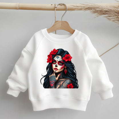 La Catrina Glitzer Bügelbild rot schwarz – DTF Transfer Totenkopf Handmade by Kati