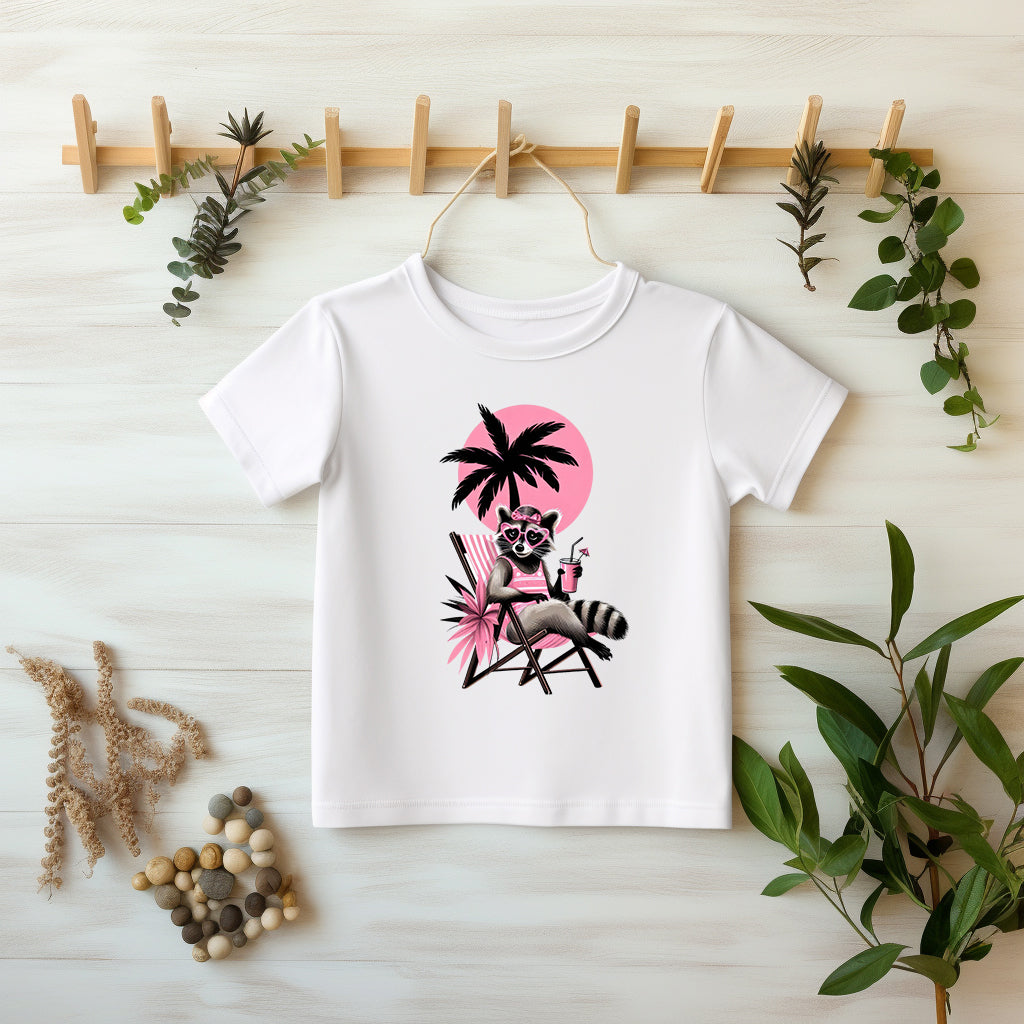Pink Paradise Raccoon DTF Transfer Detailaufnahme – Glitzer Bügelbild Textilien