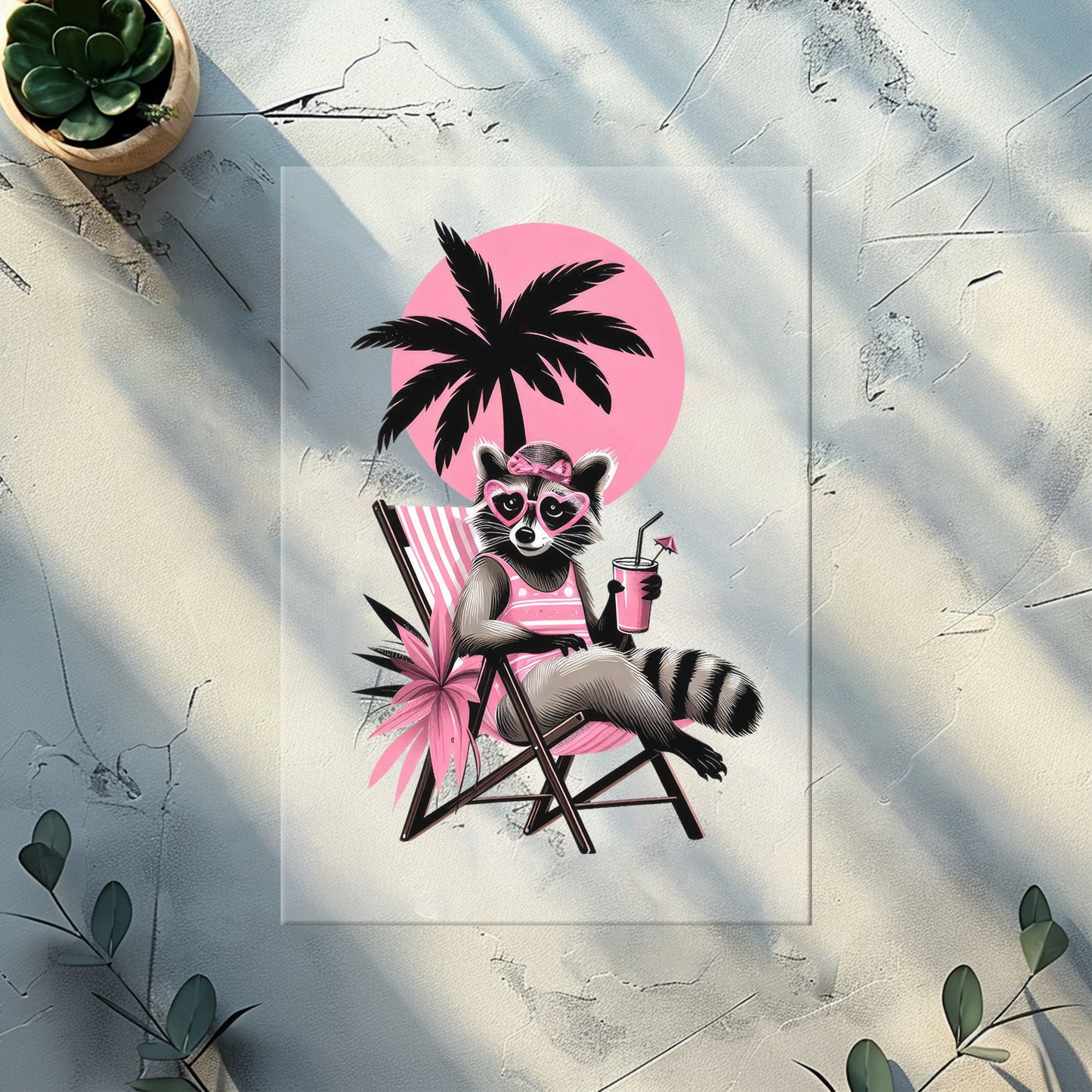 Pink Paradise Raccoon Glitzer Bügelbild – DTF Transfer Waschbär Handmade by Kati