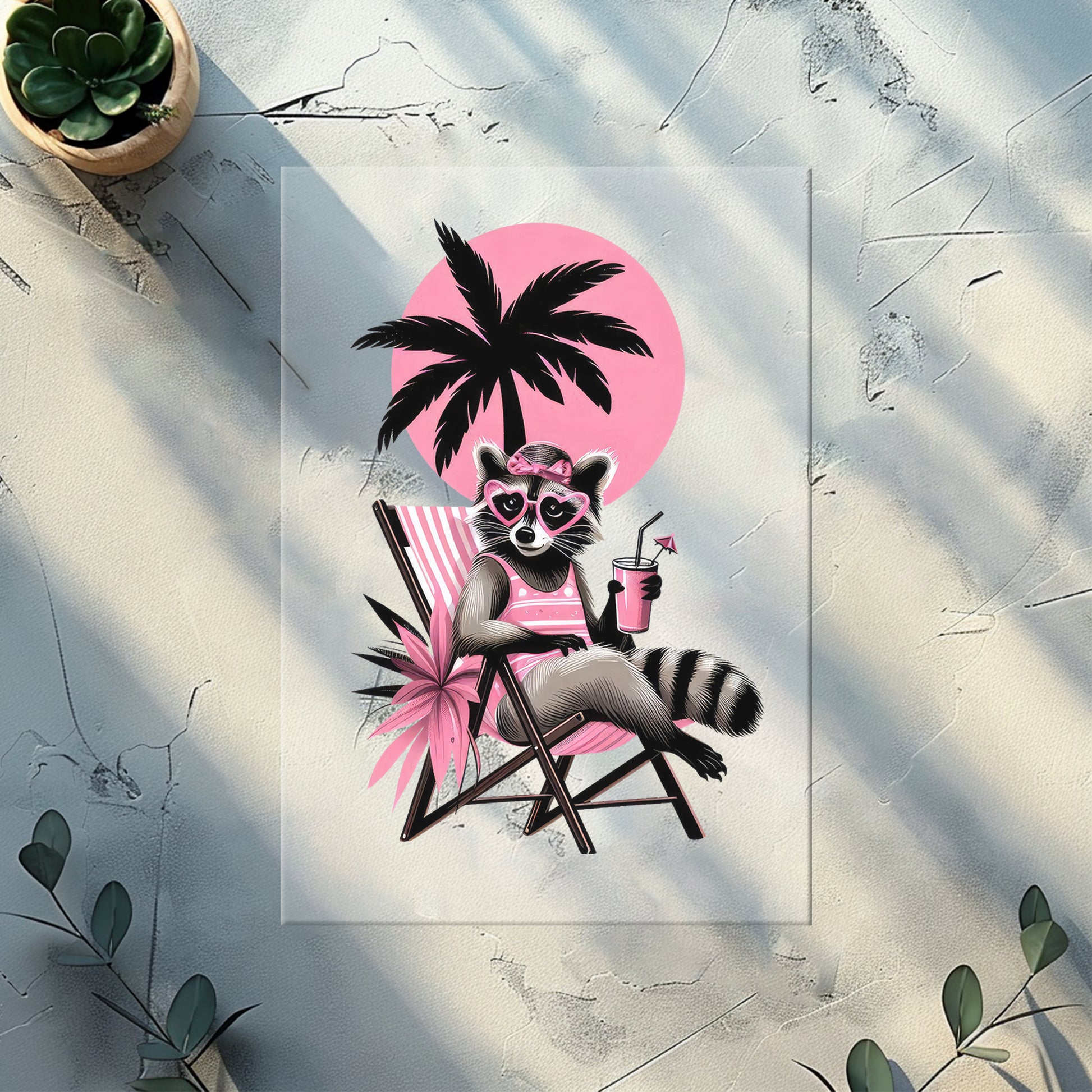 Pink Paradise Raccoon Glitzer Bügelbild – DTF Transfer Waschbär Handmade by Kati
