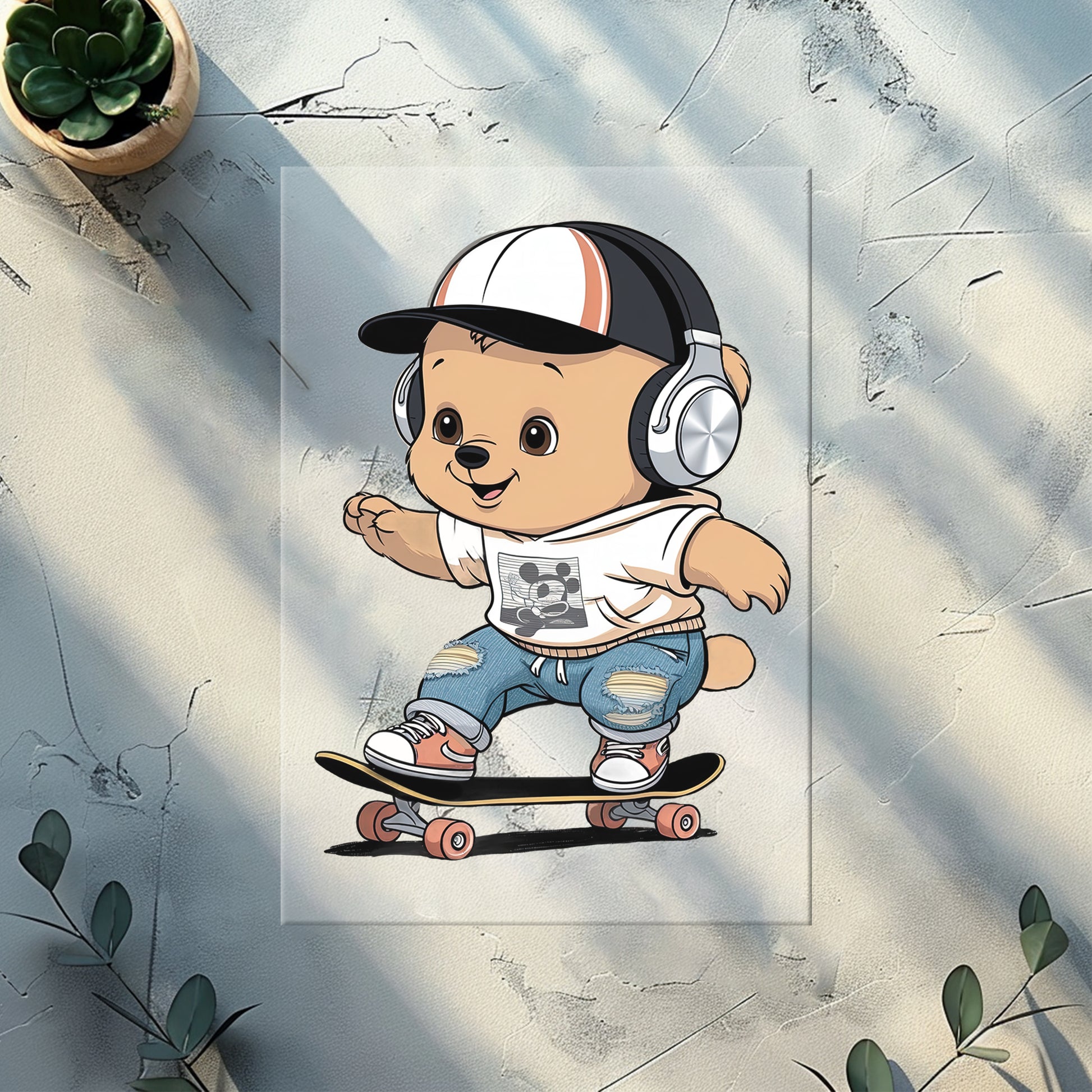 Skater Bär Kopfhörer Bügelbild DTF Transfer – Bär Kinderkleidung Handmade by Kati