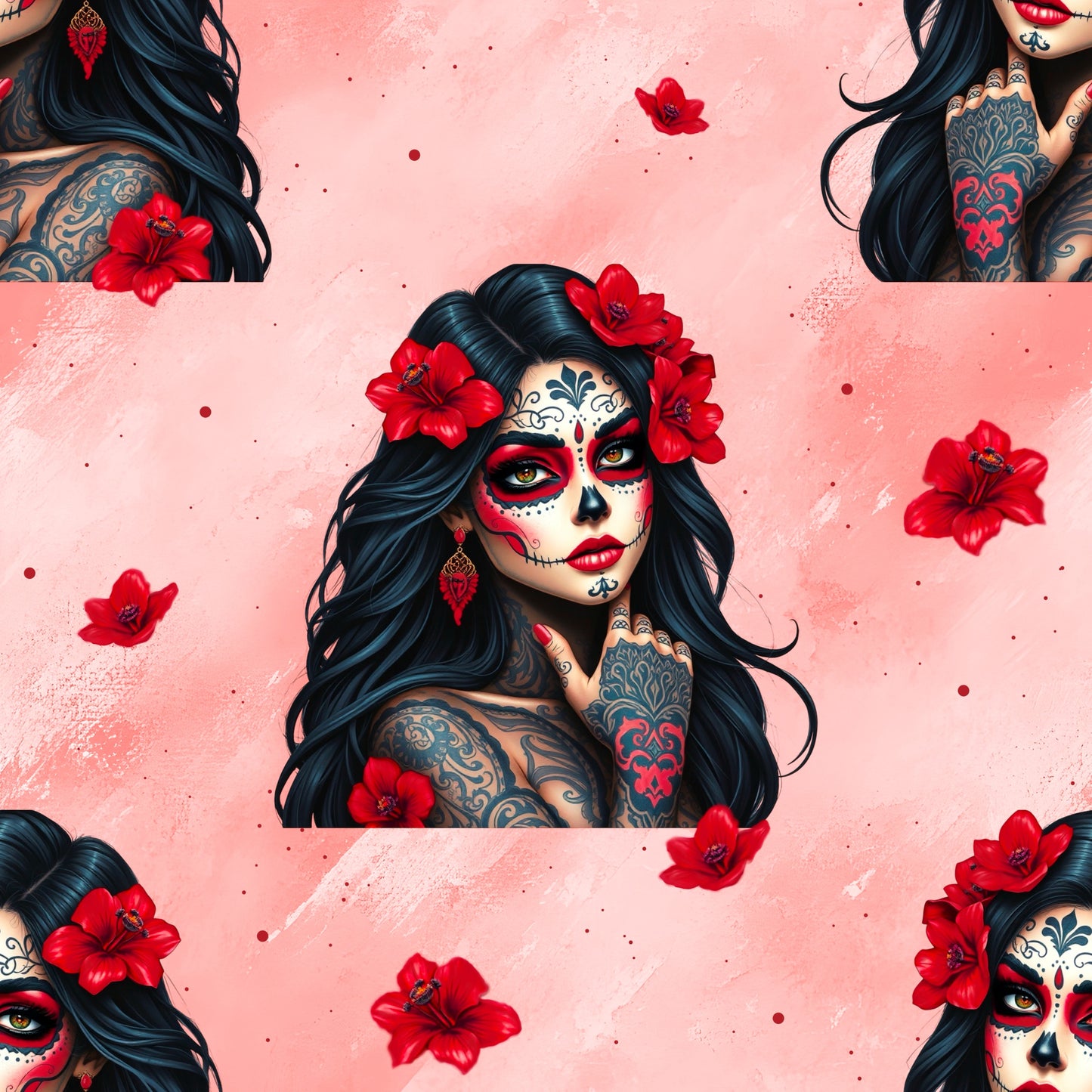 La Catrina rot Stoff Detailaufnahme – Totenkopf Blumen Kinderstoff Jersey