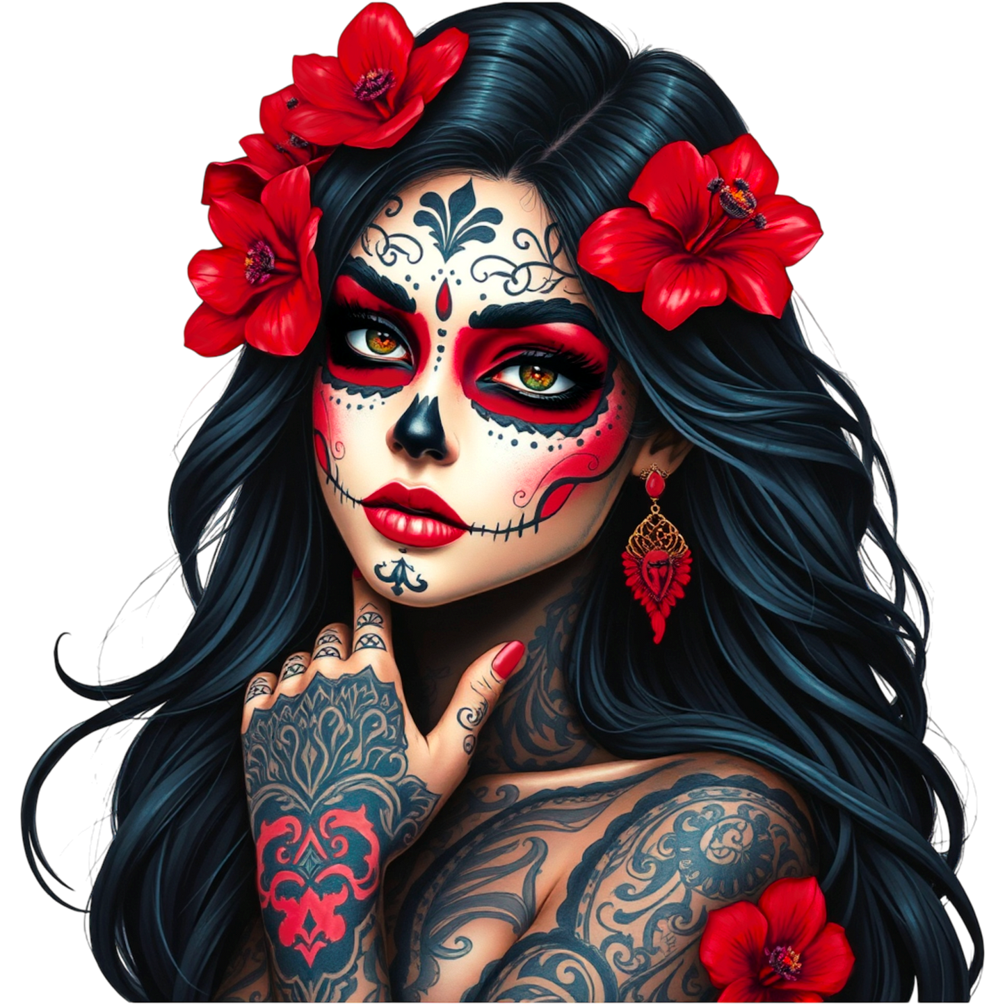 La Catrina DTF Transfer Anwendungsbeispiel – Glitzer Bügelbild rot schwarz