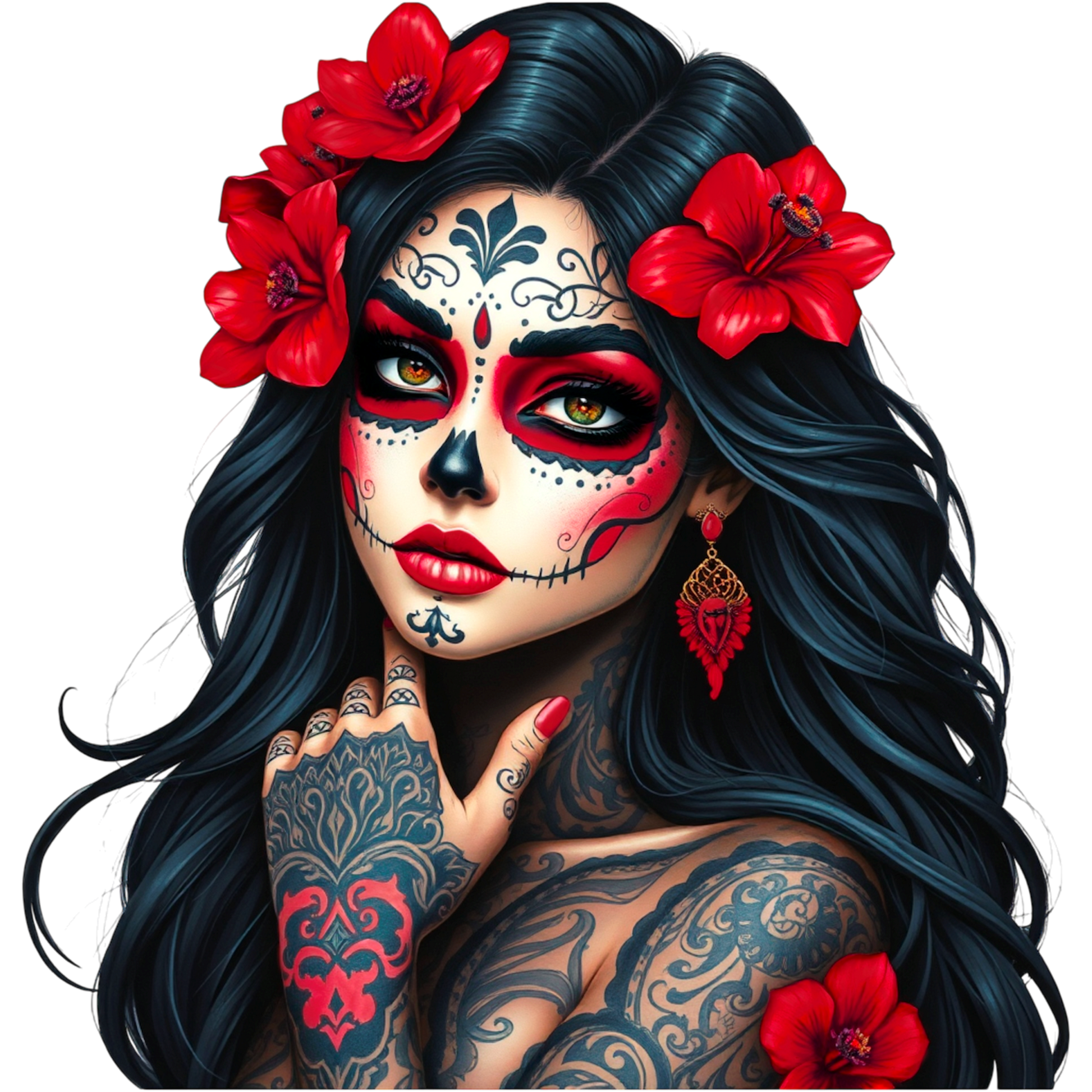 La Catrina DTF Transfer Anwendungsbeispiel – Glitzer Bügelbild rot schwarz