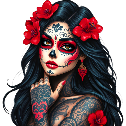 La Catrina DTF Transfer Anwendungsbeispiel – Glitzer Bügelbild rot schwarz