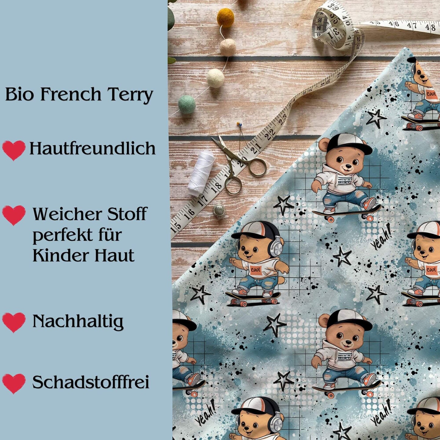 Sweatshirt Skater Bär Kinder Detailaufnahme – French Terry handgemacht Jungen