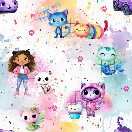 Rainbow Cat House | Fabric by the Yard | Children's Fabric