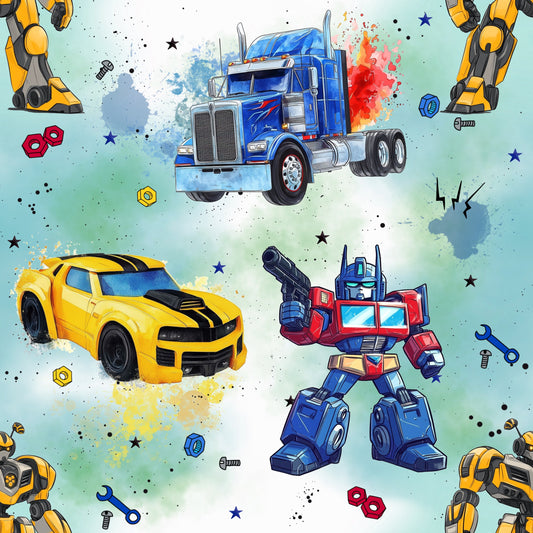 RobotCars" in Green | Car Robot Softshell Fabric by the Meter | Water-Repellent Children's Fabric