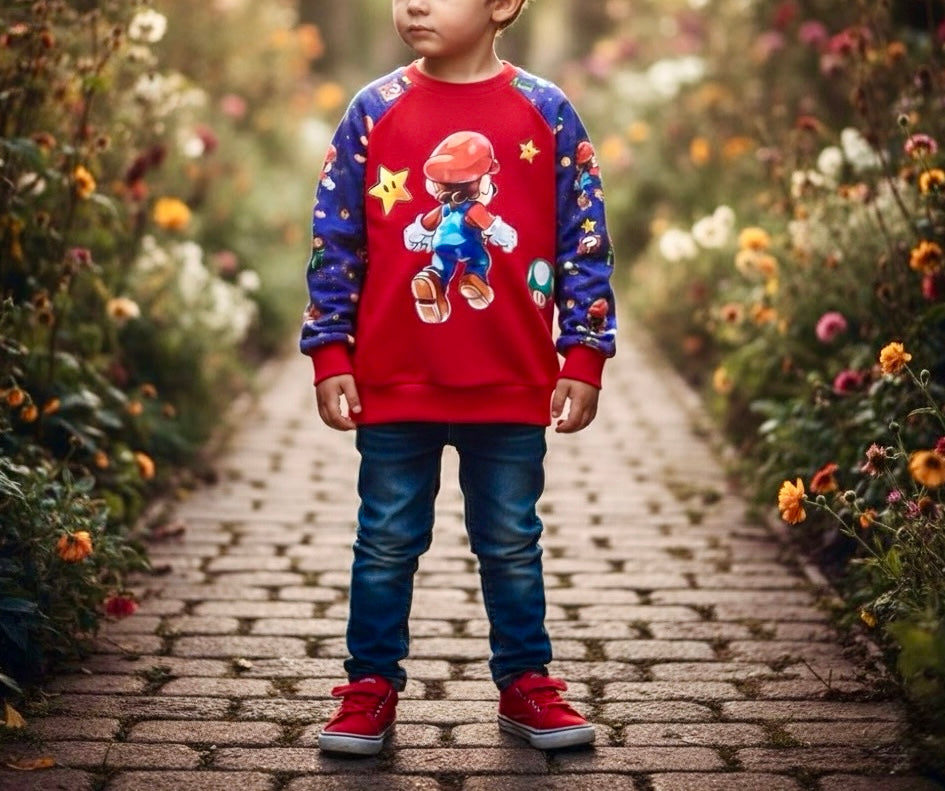Raglan Sweatshirt Super Boy Vorderansicht – Kinderpullover French Terry handgemacht