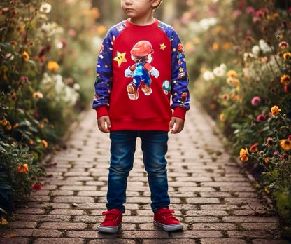 Raglan Sweatshirt Super Boy Vorderansicht – Kinderpullover French Terry handgemacht