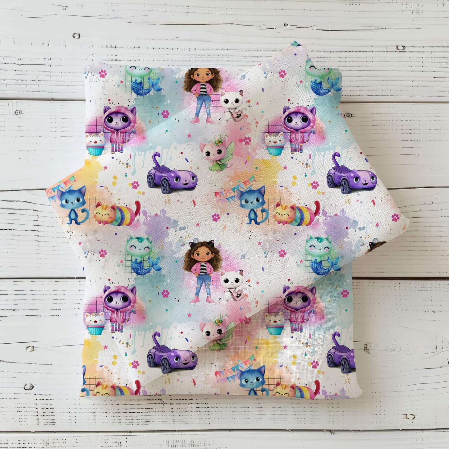 Regenbogen Katzenhaus Kinderstoff French Terry – Katze Motiv Meterware Nähprojekt