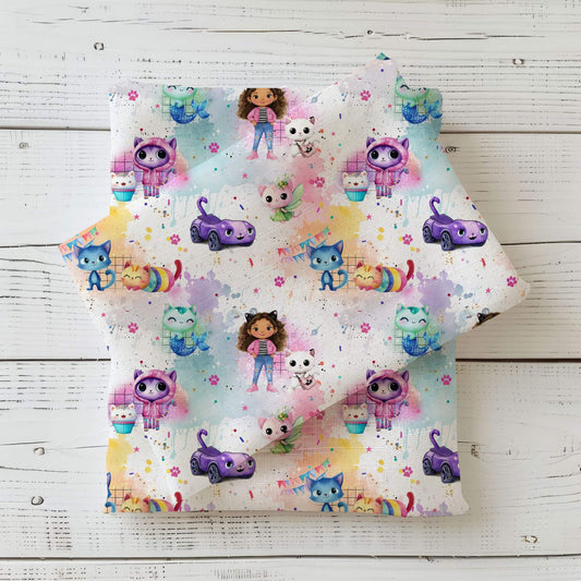 Children's fabric 0.5m Rib Jersey by the meter "Rainbow Cat House"