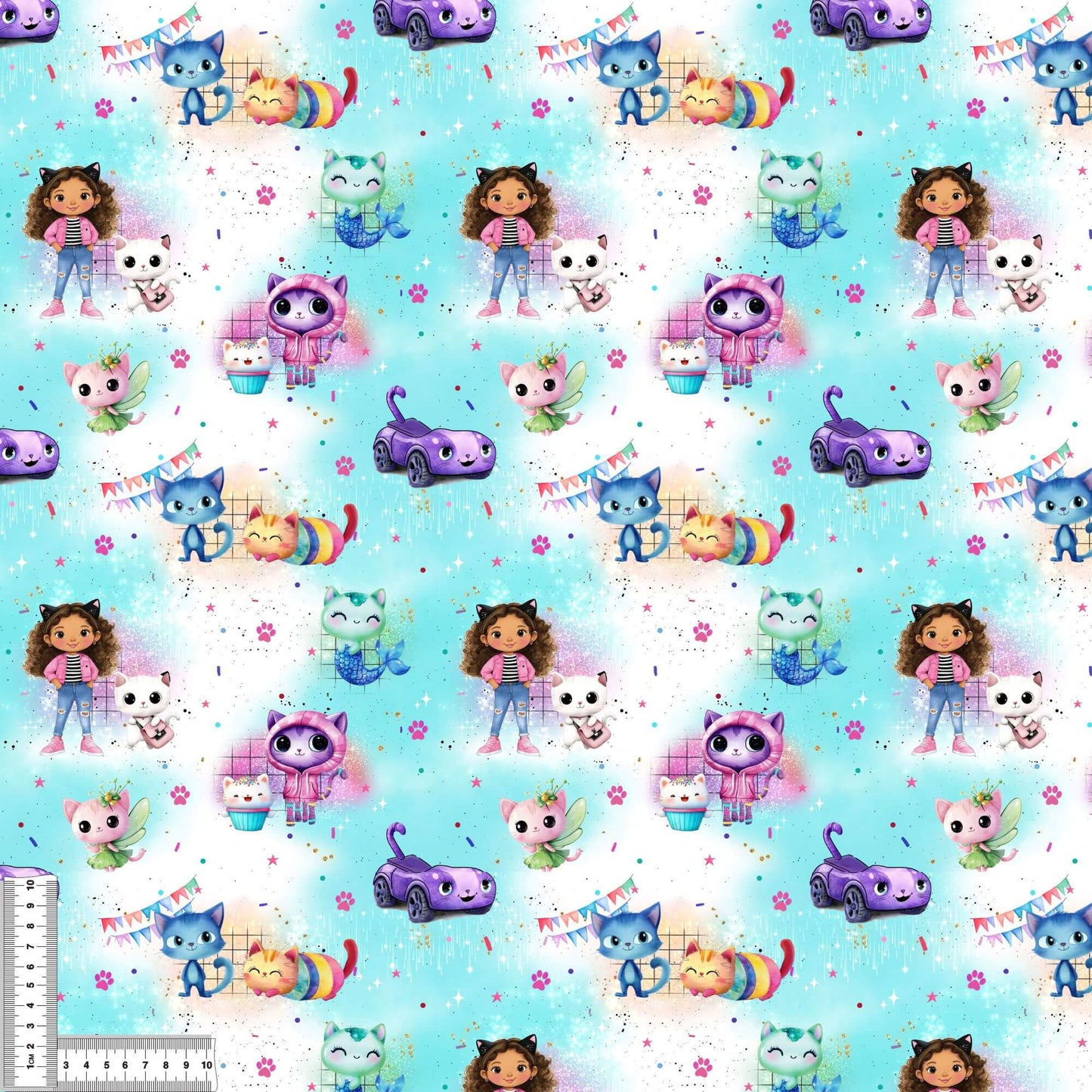 Katzenhaus Pastel Sky Stoff Detailaufnahme – Comic Kinderstoff Jersey Meterware
