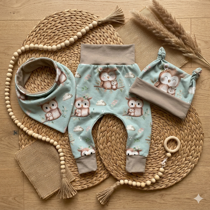 Pumphose Baby Eule mint handgenäht | French Terry Set personalisiert