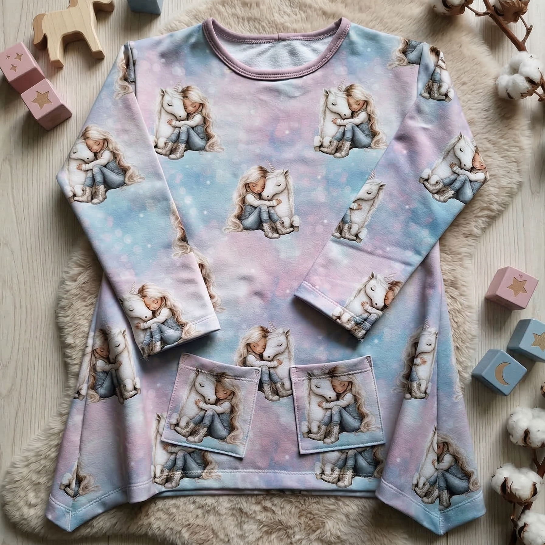 Weißes Einhorn Kinderstoff French Terry – Einhorn Motiv Meterware Mädchen