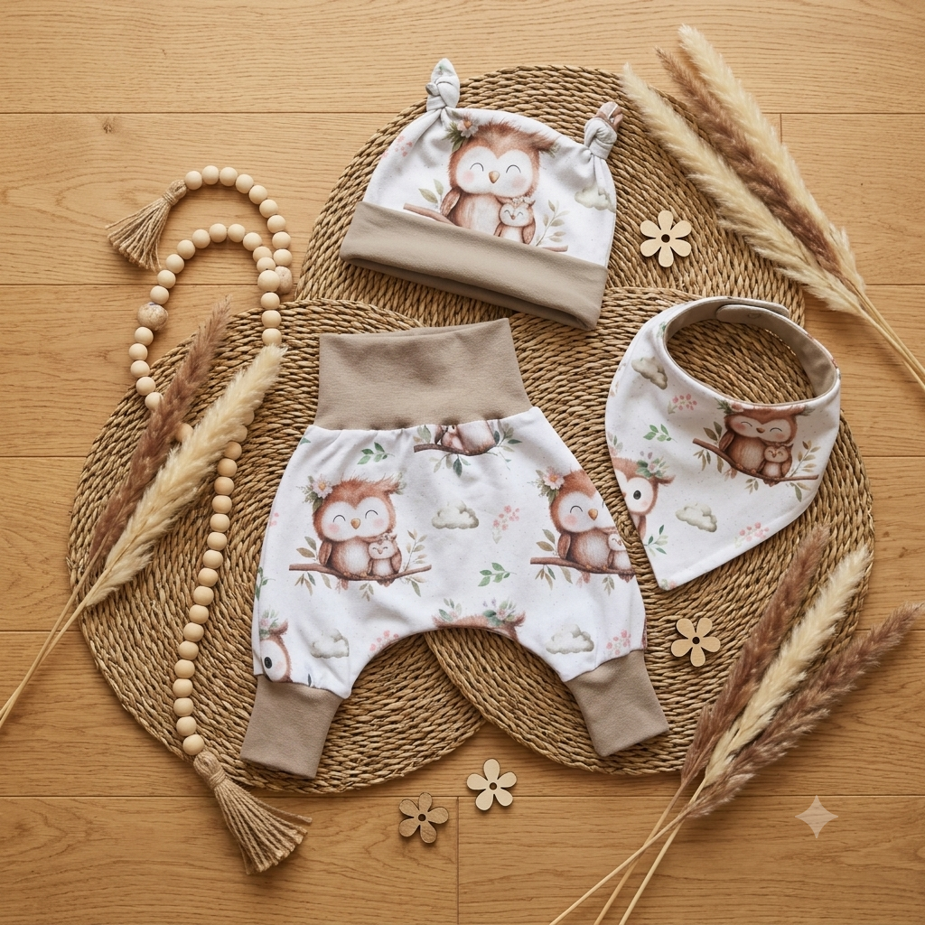 Pumphose Baby Eule weiß handgenäht | French Terry Set personalisiert