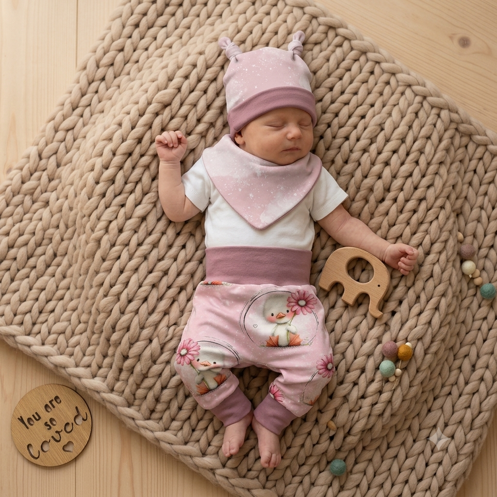 Pumphose Baby Glücksküken handgenäht | French Terry Set personalisiert