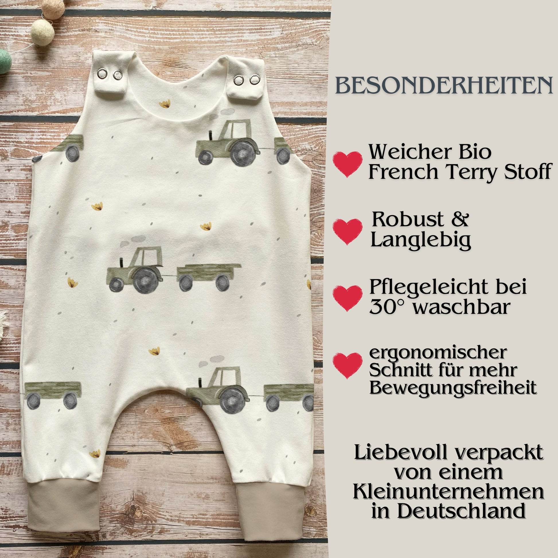Traktor Baby Strampler Vorderansicht – handgemacht French Terry Geschenk Geburt