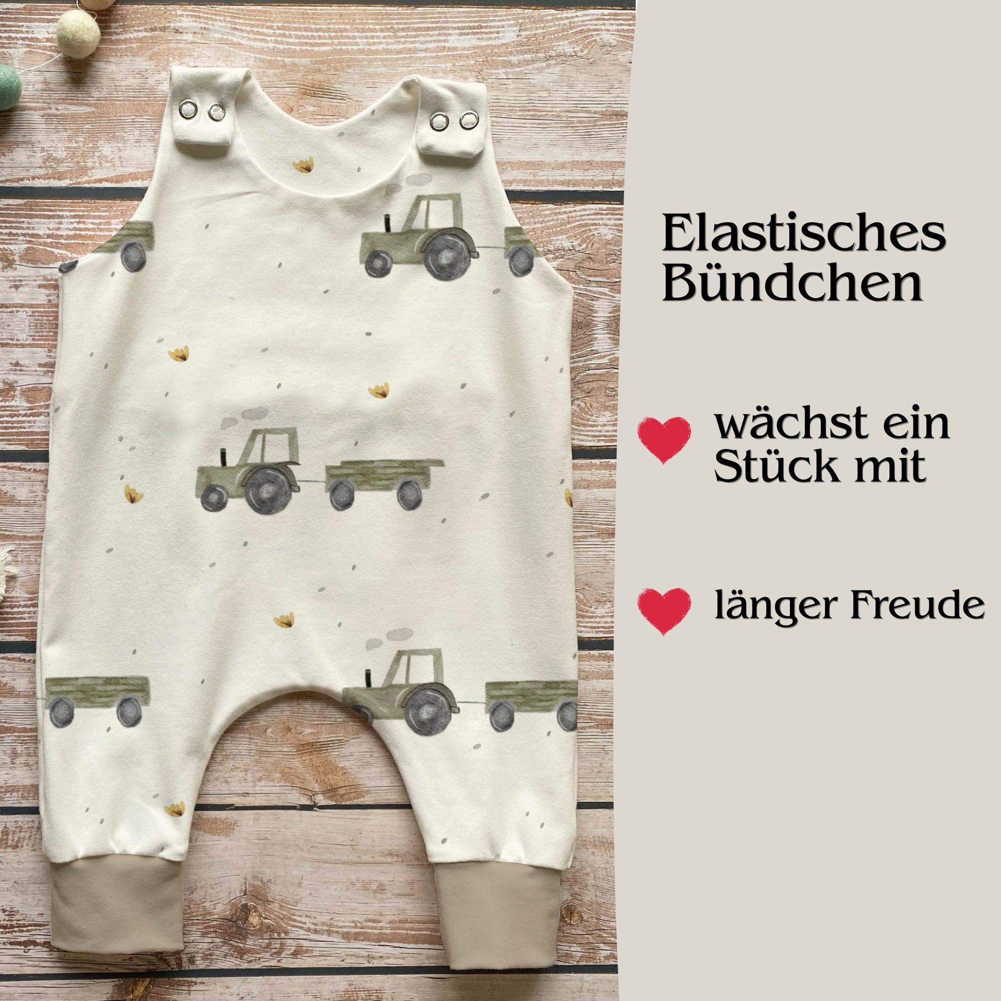 Baby Strampler Traktor Detailaufnahme – handgemacht French Terry personalisierbar
