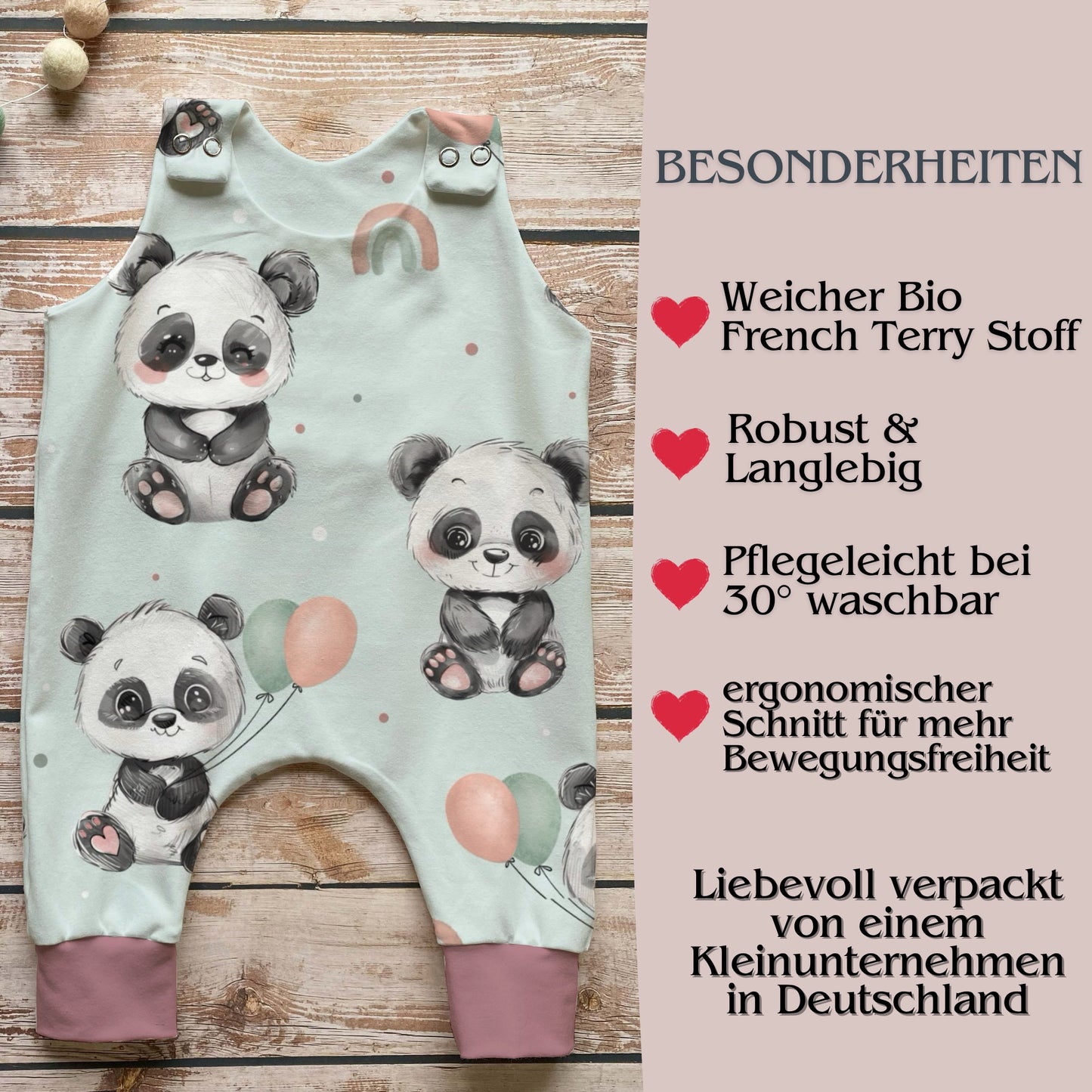 Panda Babystrampler Druckknöpfe Detail – handgemacht altrosa French Terry