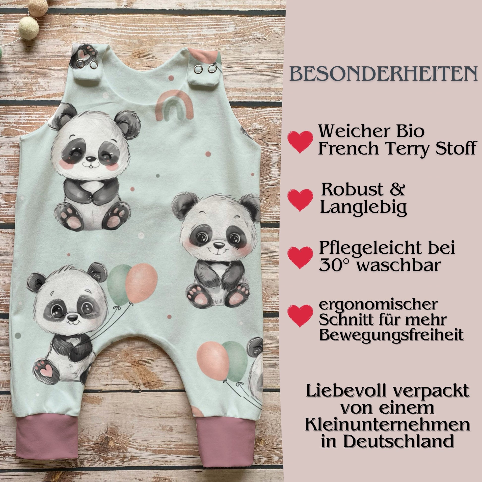 Panda Babystrampler Druckknöpfe Detail – handgemacht altrosa French Terry