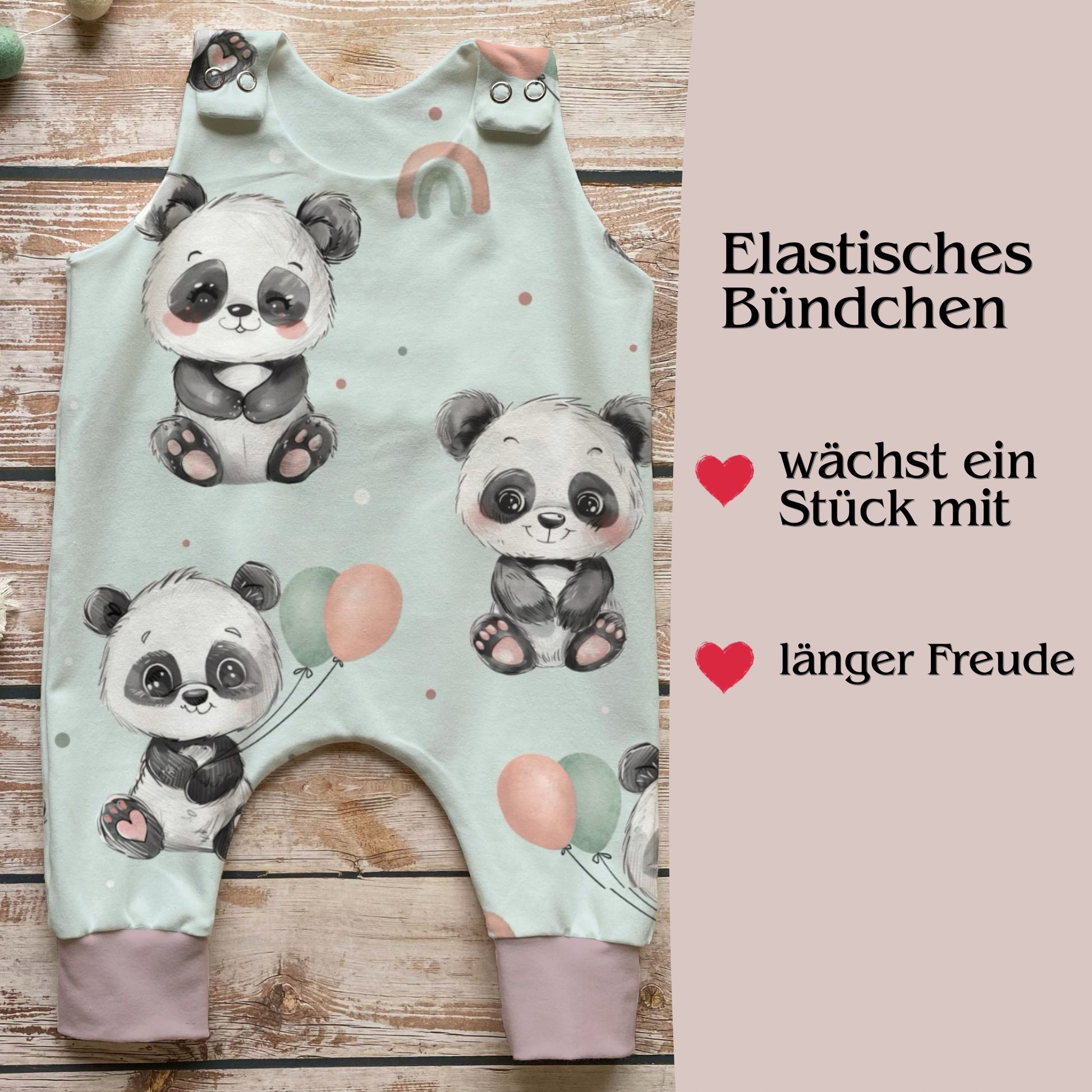 Panda Strampler Baby altrosa Rückenansicht – Handmade by Kati French Terry