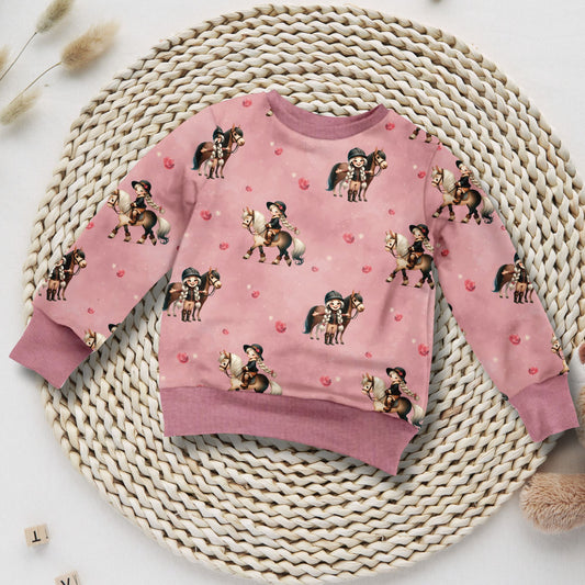 Kinder Sweatshirt Mädchen und Pferd altrosa handgemacht French Terry – Handmade by Kati