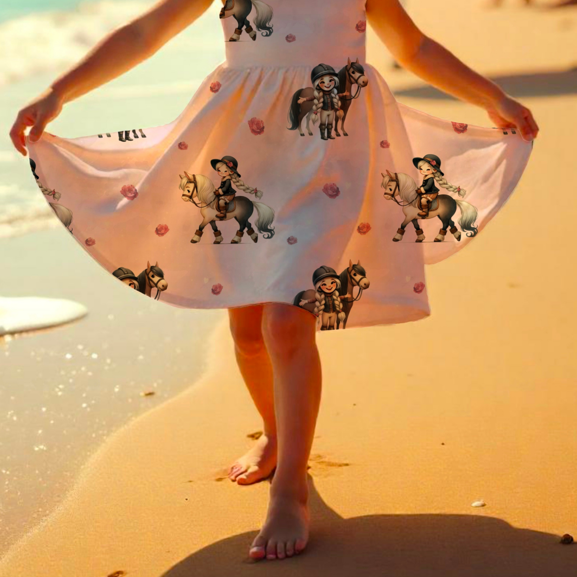 Drehkleid Mädchen Pferd rosa Vorderansicht – Mädchen Kleid French Terry handgemacht