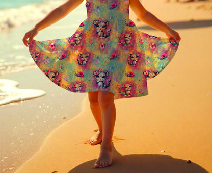 Baby Leo Drehkleid Mädchen Detailaufnahme – French Terry handgemacht Leopard