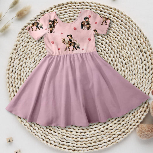 Mädchen Drehkleid Pferd rosa handgemacht French Terry – Handmade by Kati