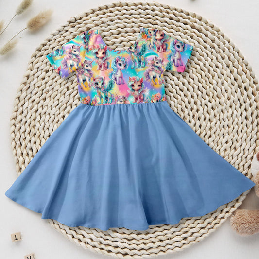 Mädchen Drehkleid Pegasus blauer Rock French Terry – Handmade by Kati