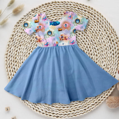 Mädchen Drehkleid Moonlight Princess blauer Rock French Terry – Handmade by Kati