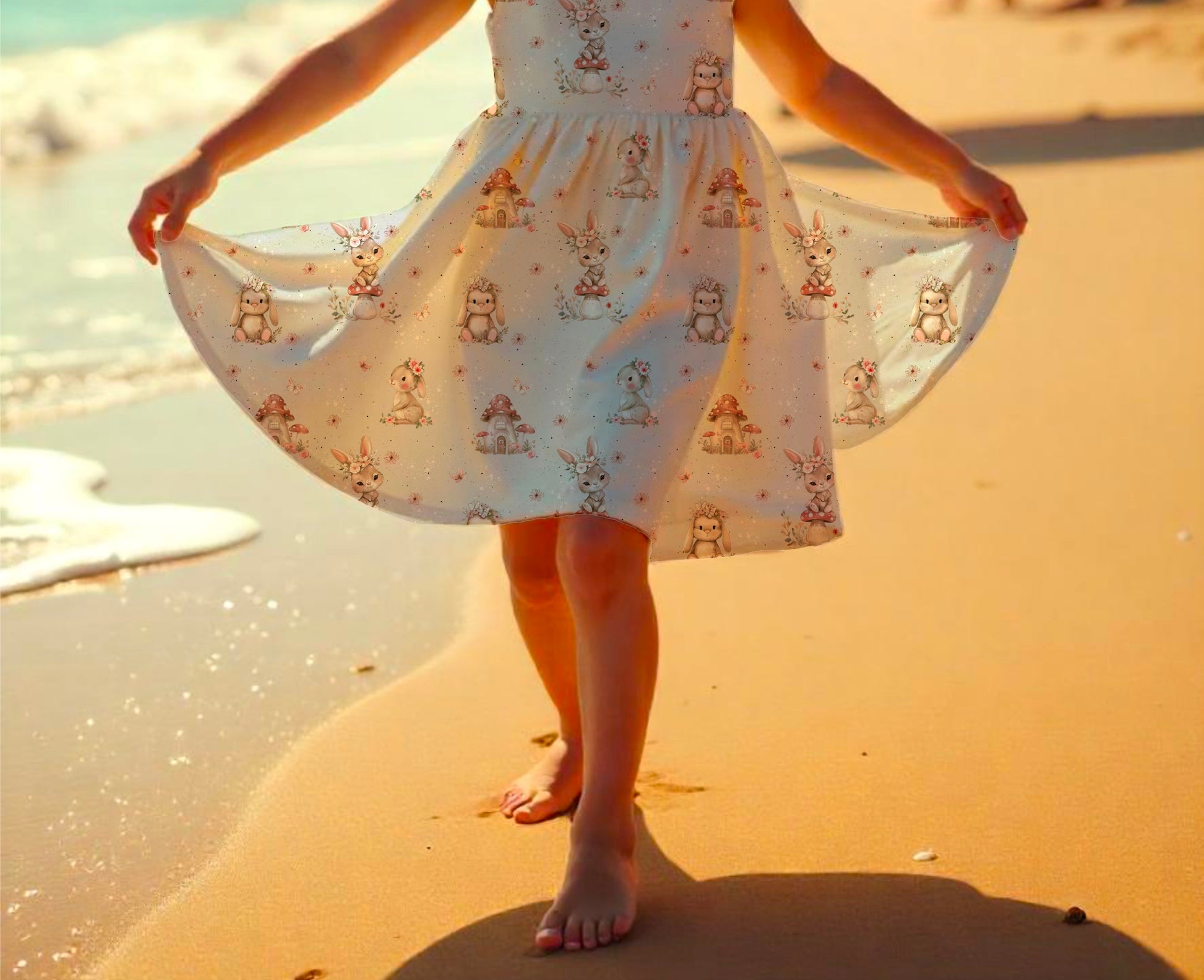 Hase Blumenkranz Drehkleid Detailaufnahme – handgemachtes Mädchenkleid French Terry