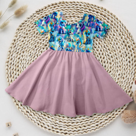 Mädchen Drehkleid kleine Ponys rosa Rock French Terry – Handmade by Kati